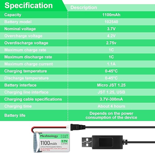 Miniatura 5 de Batería Li de 3.7 V 1100 mAh con cable de cargador USB 102540 1S LiPo batería con placa de protección, cinta de goma aislada y enchufe micro JST