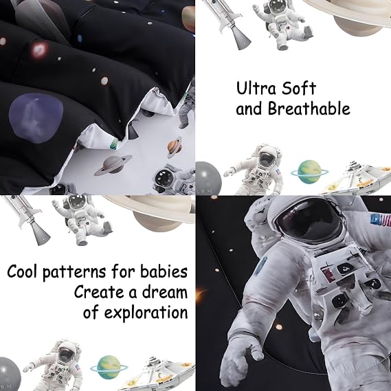 lasoftan Toddler Bedding Set, 4 Piece Bed-in-a-Bag Toddler Bed Comforter Sets for Girls, Toddler Bed Set, Astronaut Printed, Machine Washable