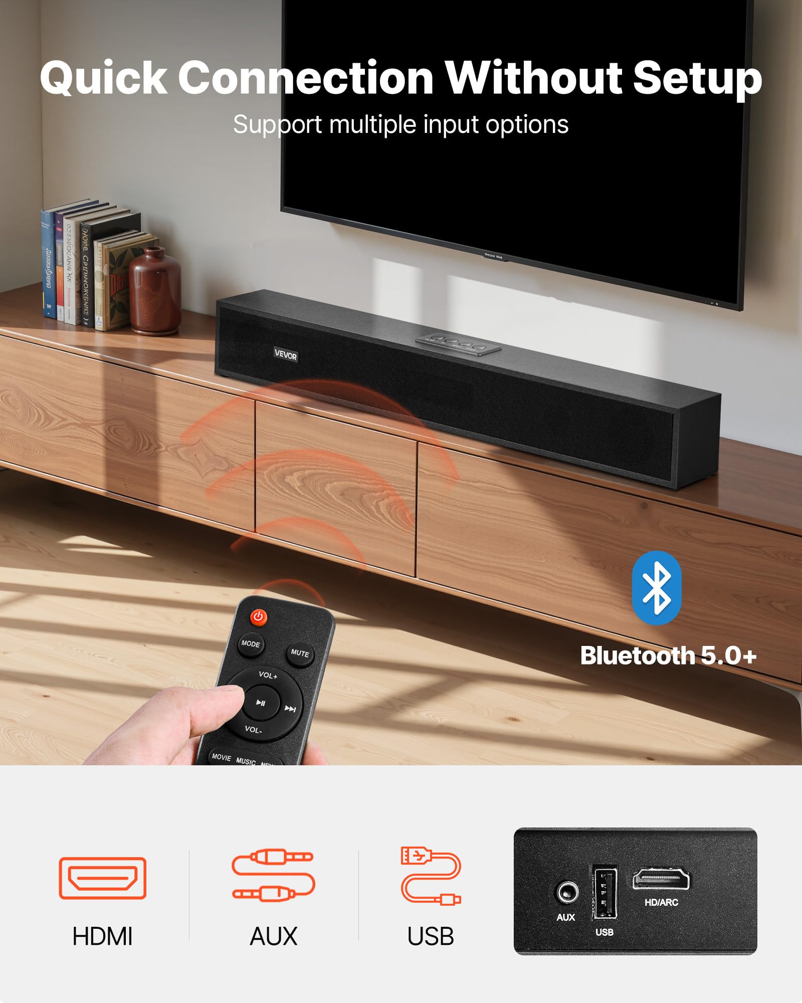 VEVOR Sound Bar per Smart TV, 2.0 canali, 24 pollici, altoparlante compatto per proiettore, connessione Bluetooth AUX, telecomando, facile installazione, sistema audio surround da 80 W per PC Home