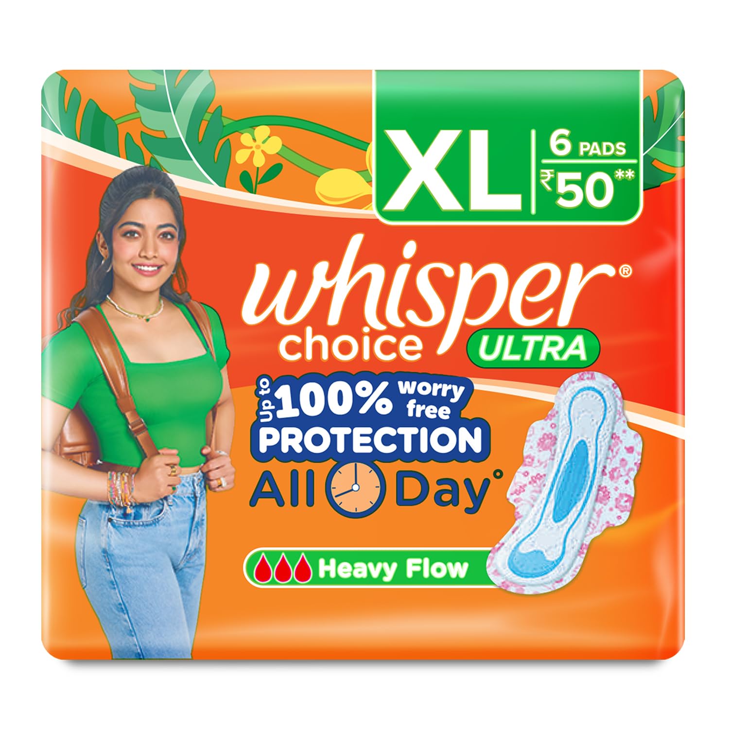 Whisper Choice Sanitary Pads for Women, XL, 6 Napkins