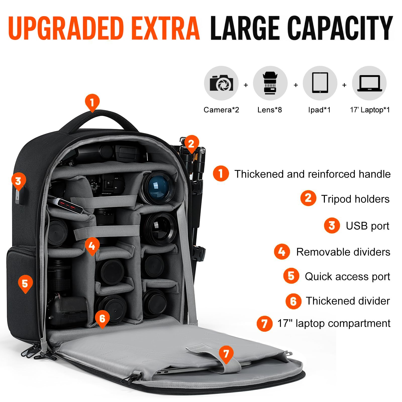 CADeN Sac à dos pour appareil photo - Imperméable - Compatible avec Sony, Canon, Nikon