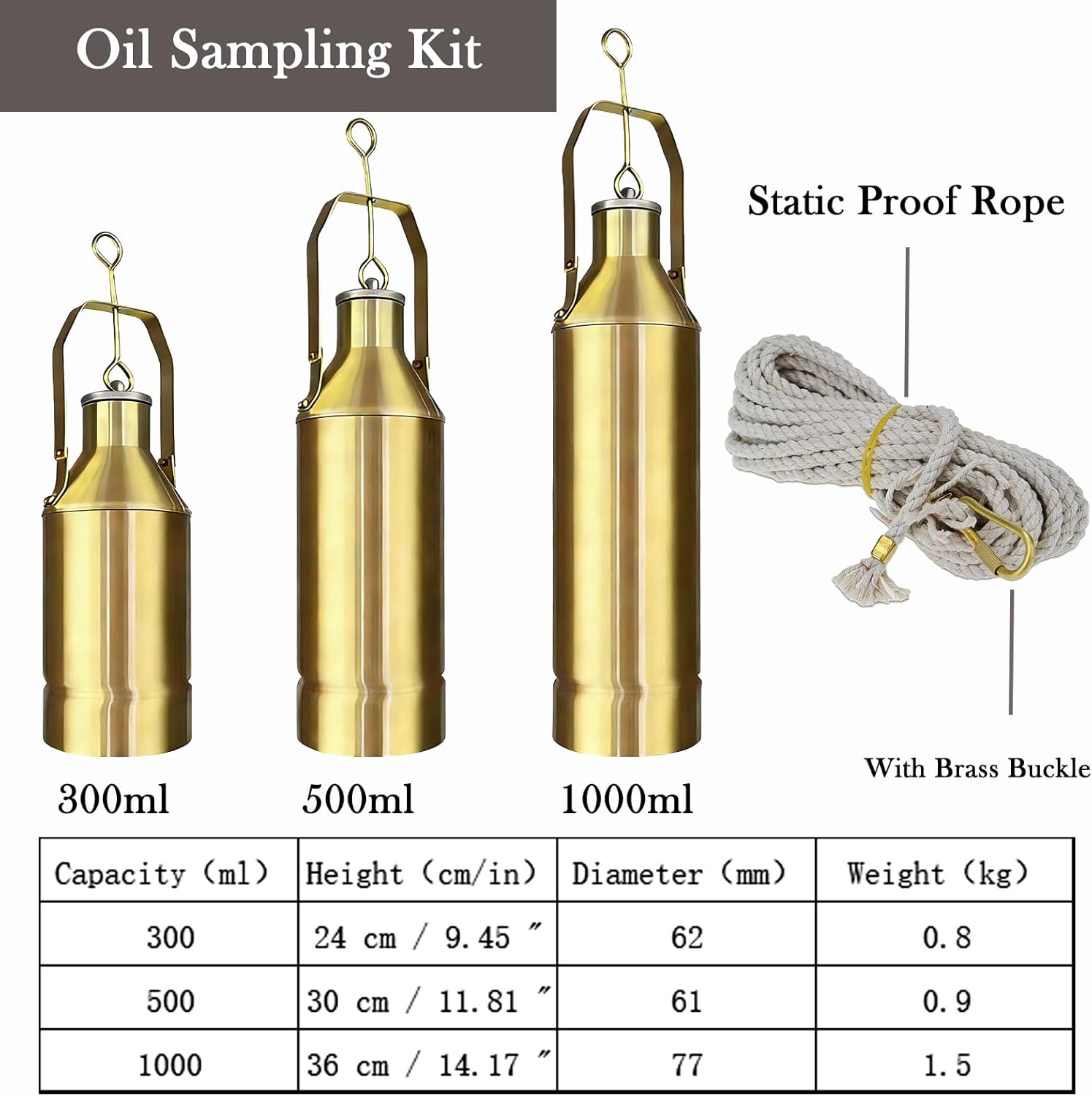 Oil Sampling Device,Metal Oil Sampler Tank Oil Sampling Kit,Portable Motor Oil Extraction Bottle Device,300mL/500mL/1000mL Capacity,fo(Size:Rope L-5m/16.4ft,Color:Copper-500 mL（16.9 fl oz）)
