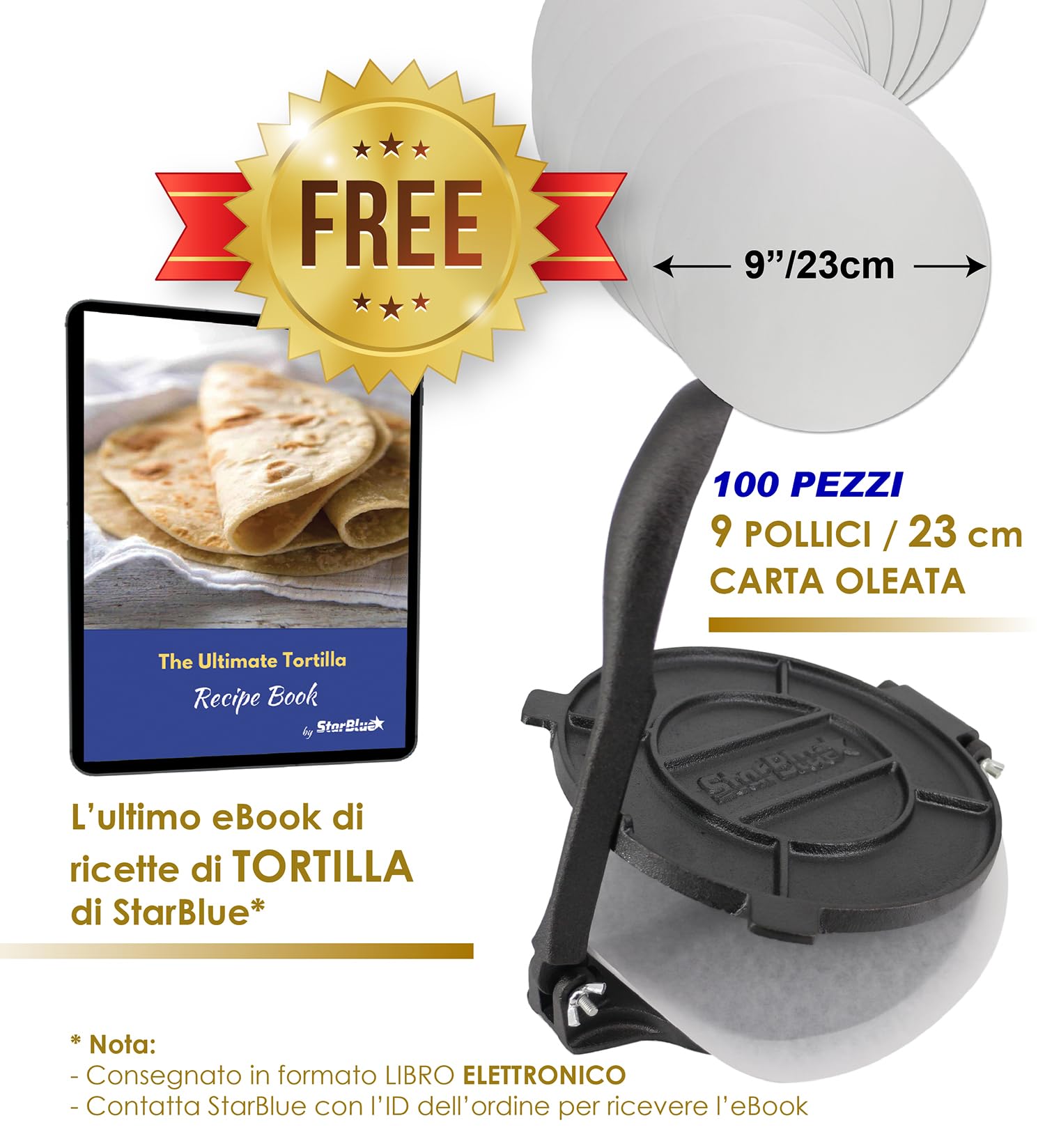 StarBlue - Stampo Per Tortilla In Ghisa Da 20,3 Cm Con 100 Pezzi Di Carta Oleata Ed Ebook Di Ricette In Omaggio, Con Strumento Per Realizzare Chapati In Stile Indiano, Tortillas, Roti