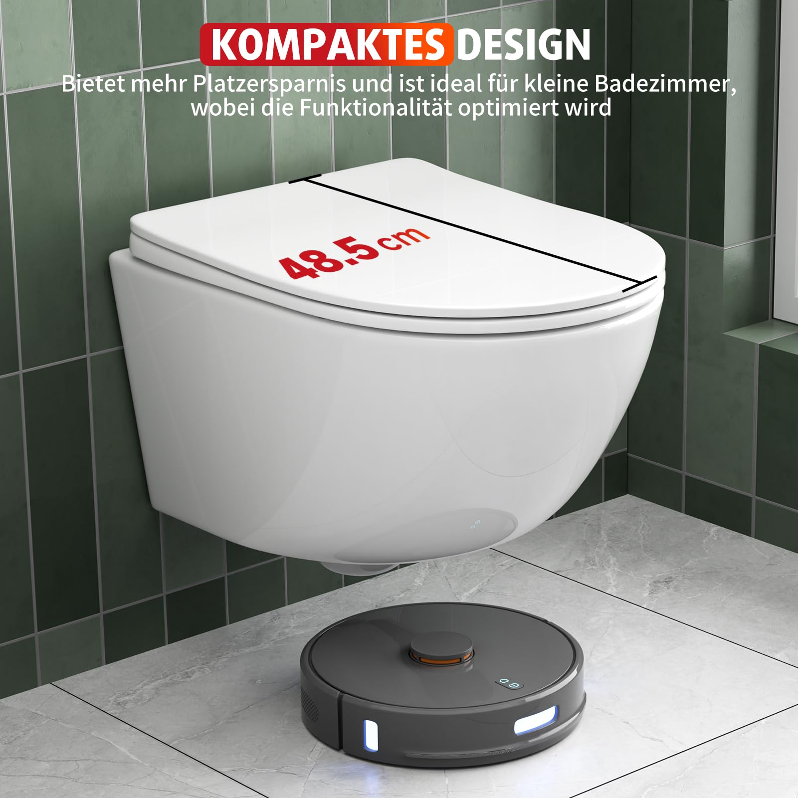 Rainsworth Wisząca muszla klozetowa, wolnoopadająca, kompaktowa ceramiczna toaleta, 48,5 cm długości, łatwa do czyszczenia, do łazienki