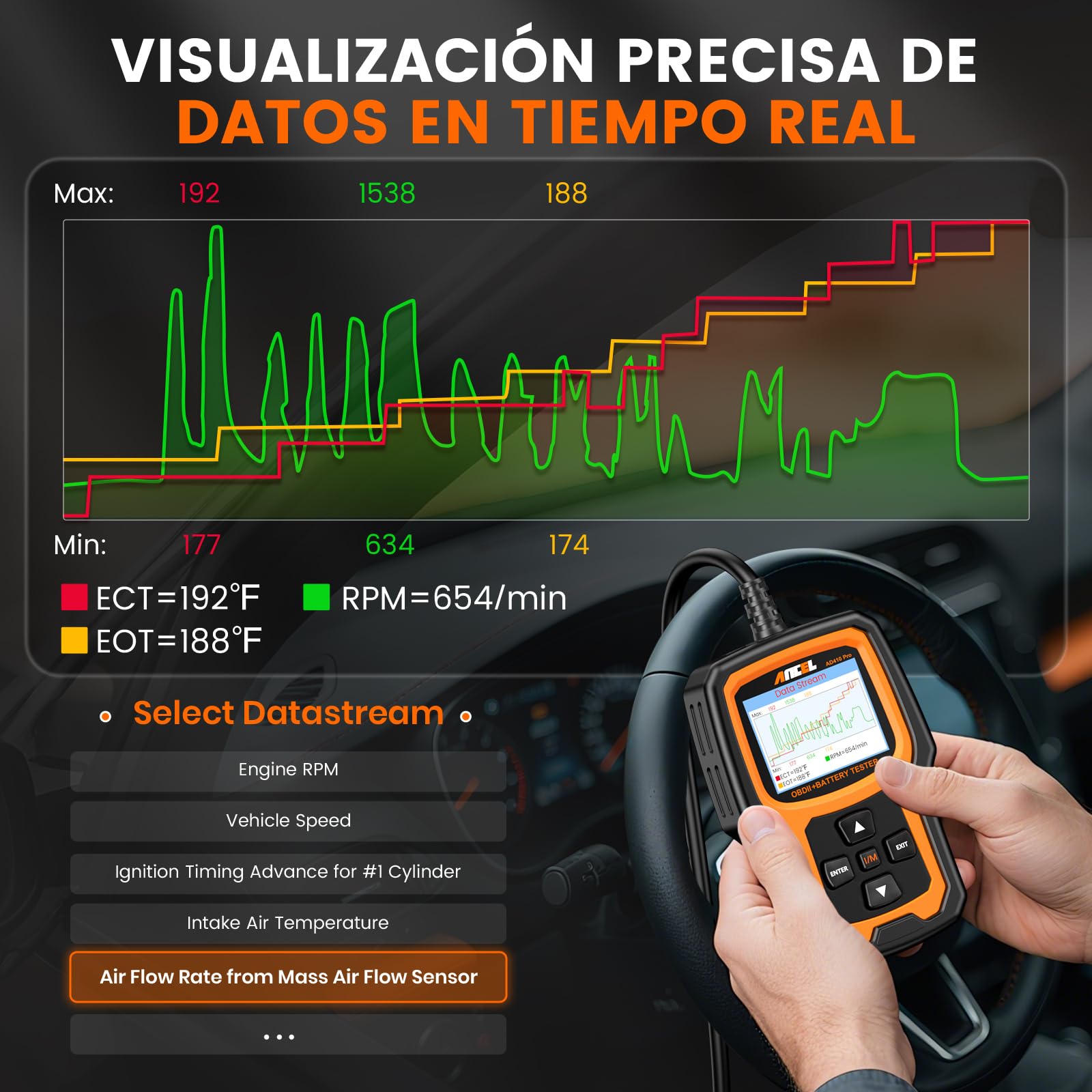 2 en 1 OBD2 Diagnosis Coche y Comprobador de Baterias Ancel AD410PRO | Scanner OBD Multimarca con Completas OBDII Funciones, 100-2000CCA Probador de Batería Auto 12V con test de arranque y carga