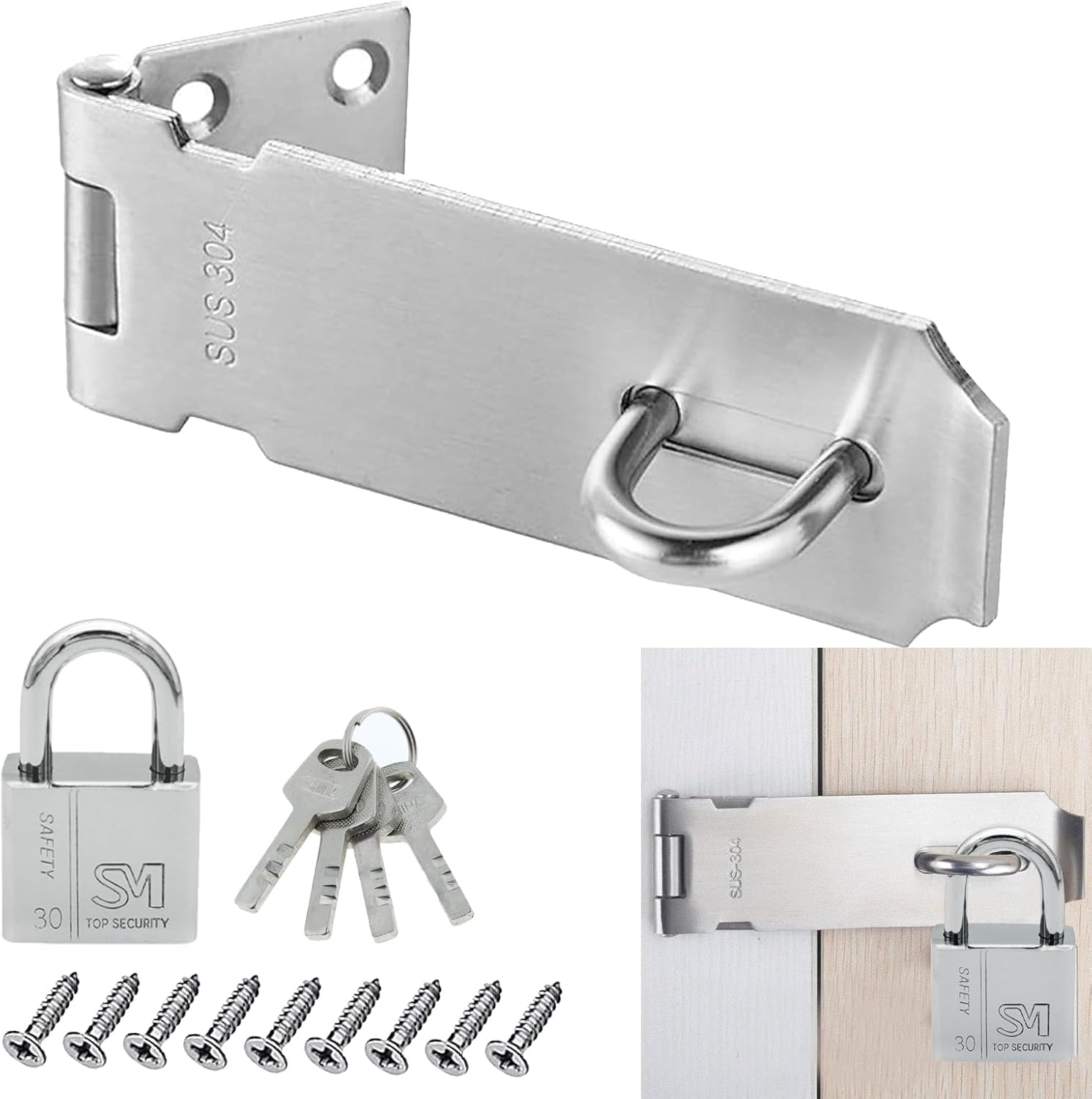 Stainless Steel Door Latch Hasps and Padlocks, Lock Latch Deluxe, Door
