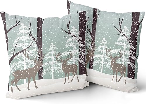 Miniatura 1 de Juego de 2 fundas de almohada de ciervos de 16 x 16 pulgadas, diseño de reno de Navidad, árbol de copo de nieve, color azul marfil, juego de 2