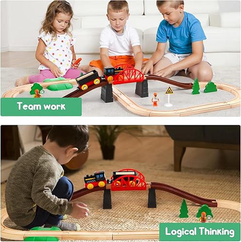 Miniatura 6 de Asweets Juego de tren de madera para niños pequeños, 40 piezas con riel de tren eléctrico para Thomas, Brio, Melissa y Doug imán de tren de batería