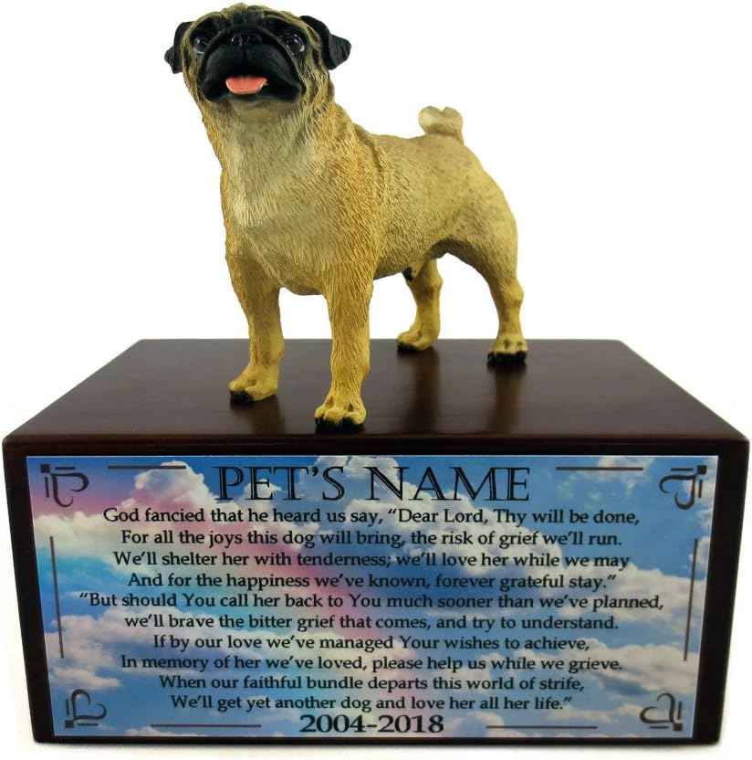 Conversation Concepts Beautiful Paulownia Small Wooden Urn with Black Pug Figurine & Personalized Pewter Engraving …