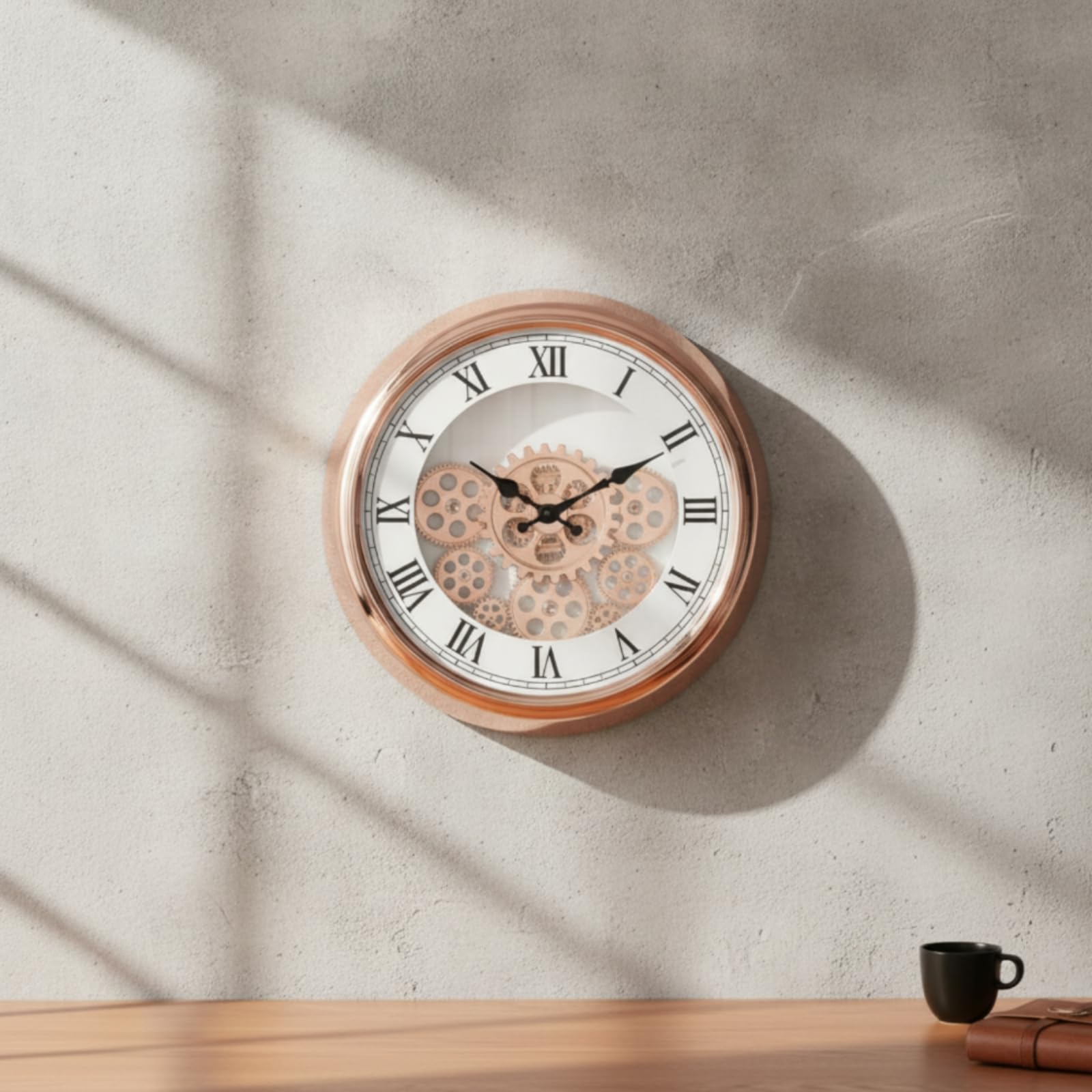 Reloj de Pared Analógico Redondo con, Reloj De Pared con Engranajes Visibles, Números Arábigos, Esfera Negra Y Marco Plateado