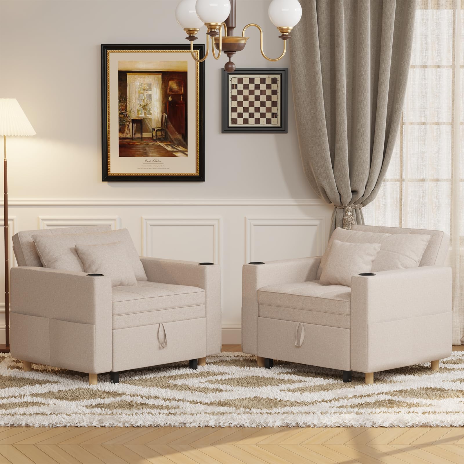 YODOLLA Schlafsofa, 93cm Extrabreit Schlafsessel mit Bettfunktion, Verstellbarer Rückenlehne, Getränkehalter, 3-in-1 Schlafcouch Einzelsessel mit Bettkasten&Schlaffunktion für Wohnzimmer, Beige