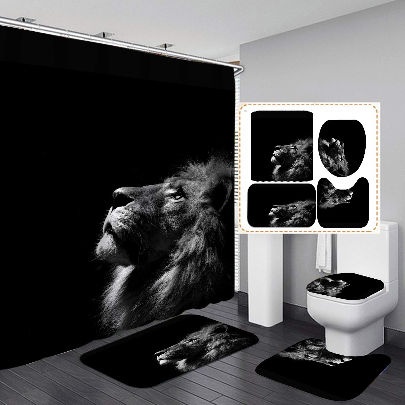 4 PCS Wild Animal Shower Curtain Sets with Non-Slip Rugs and Toilet Lid Cover Lion Dark Grey Majestic Forest King Bath Decor Shower Curtains 72