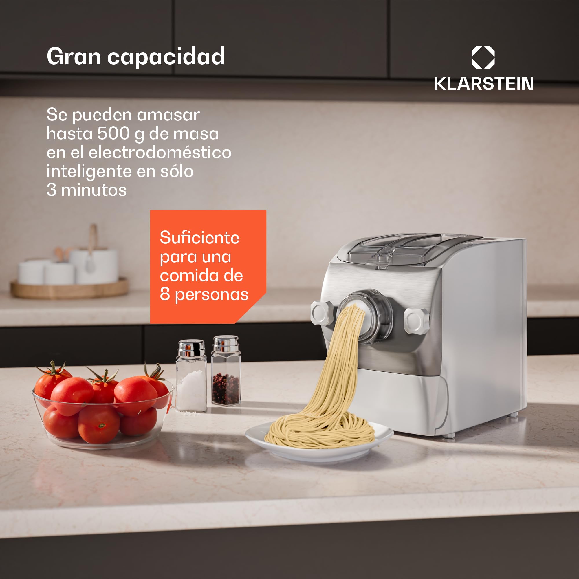 Klarstein Pastamania Nudelmaschine Elektrisch – 260 W Vollautomatische Pastamaschine mit 7 Aufsätzen, 500 g Kapazität, Leise (60 dB), LED-Anzeige, Weiß