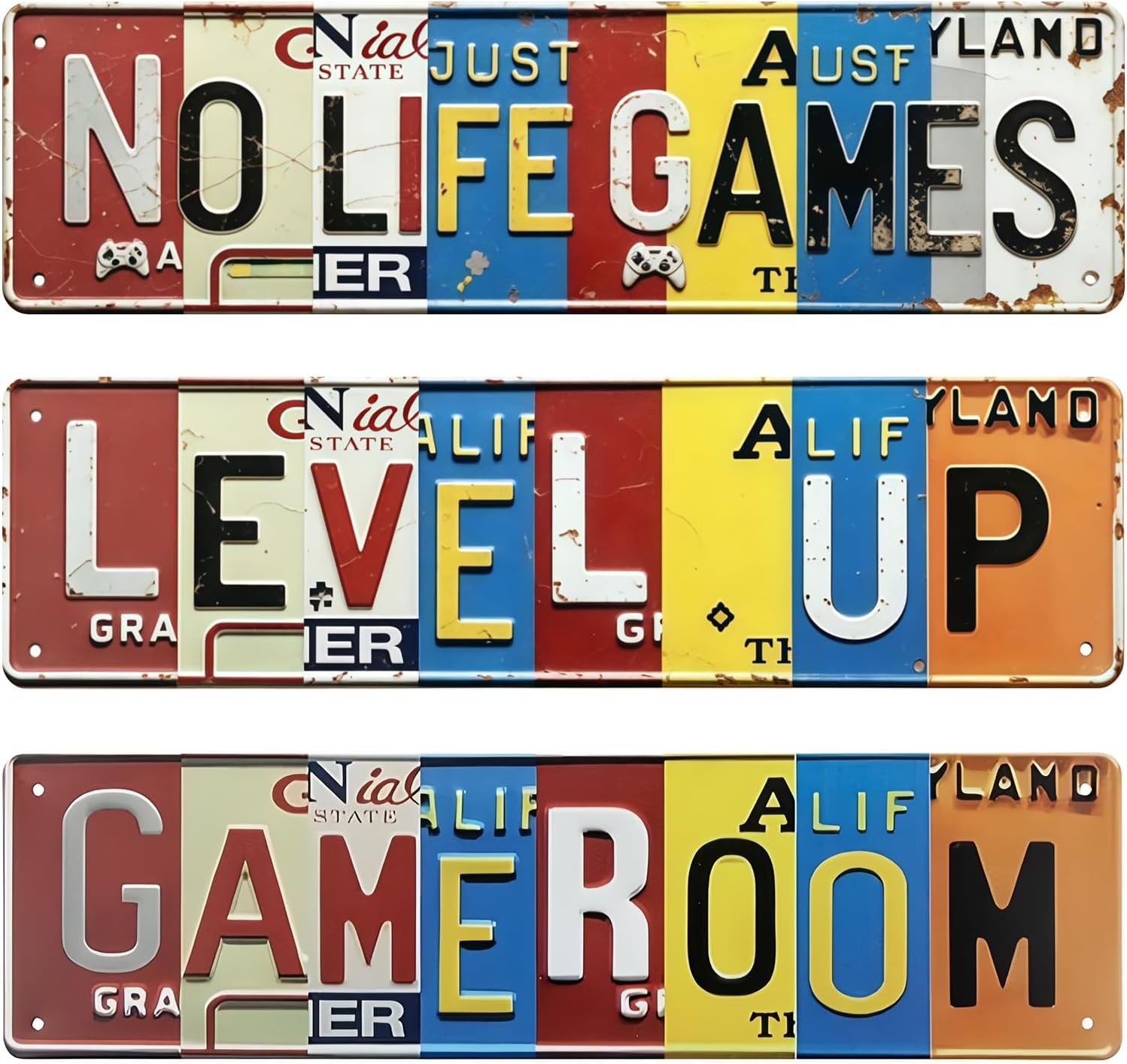 3Pcs Game Room License Plate Tin Signs,16x4 Inch Level Up Gamer Wall Decor