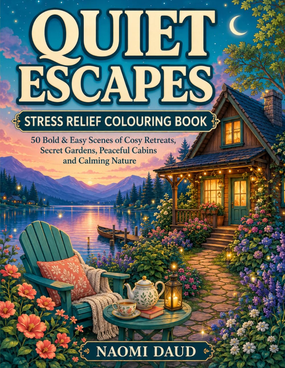 Quiet Escapes: Stress Relief Colouring Book: 50 Bold & Easy Scenes of Cosy Retreats, Secret Gardens, Peaceful Cabins and Calming Nature.