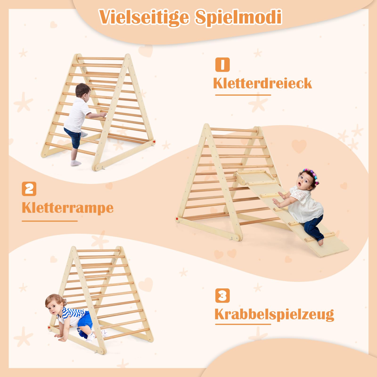 DREAMADE Kletterdreieck mit Rampe, klappbar Kletterspielzeug Holzdreieck aus Massivholz, Indoor Klettergerüst für Kinder ab 3 Jahren (Natur)