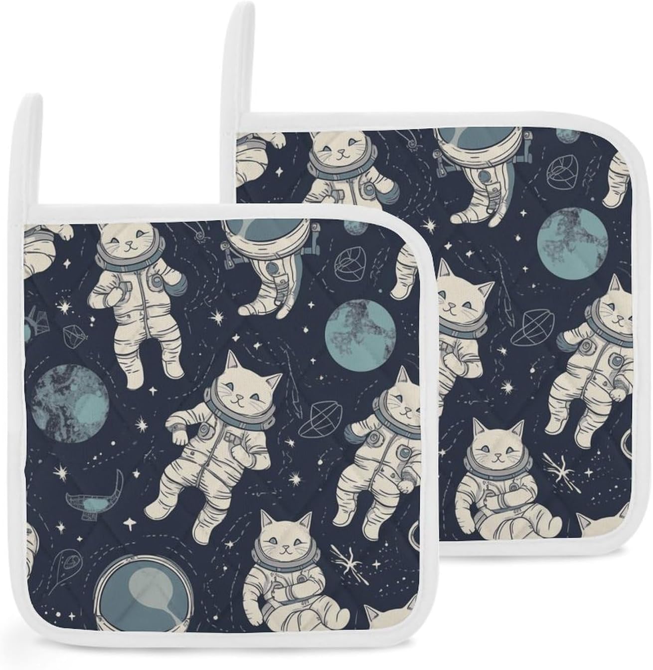Pot Holder Set of 2 Fun Cat Astronaut Printed Potholders for Kitchens Heat Resistant & Non Slip Potholders for Kitchen Cooking Baking BBQ