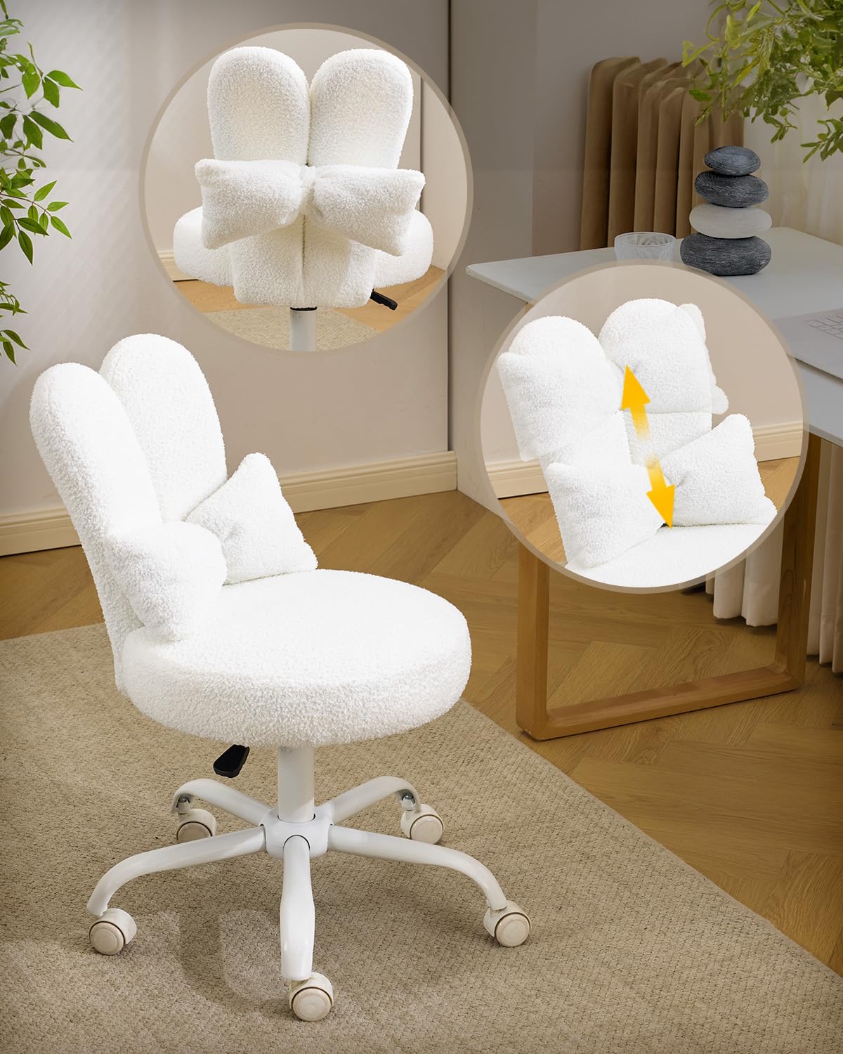 Karl home Office Chairs, Vanity Chair with Wheels, Playful Rabbit Ear Backrest, Cozy Teddy Fabric, Versatile Bow Pillow, Thickened Cushion, Rounded Corners and SGS Tested Components (White)