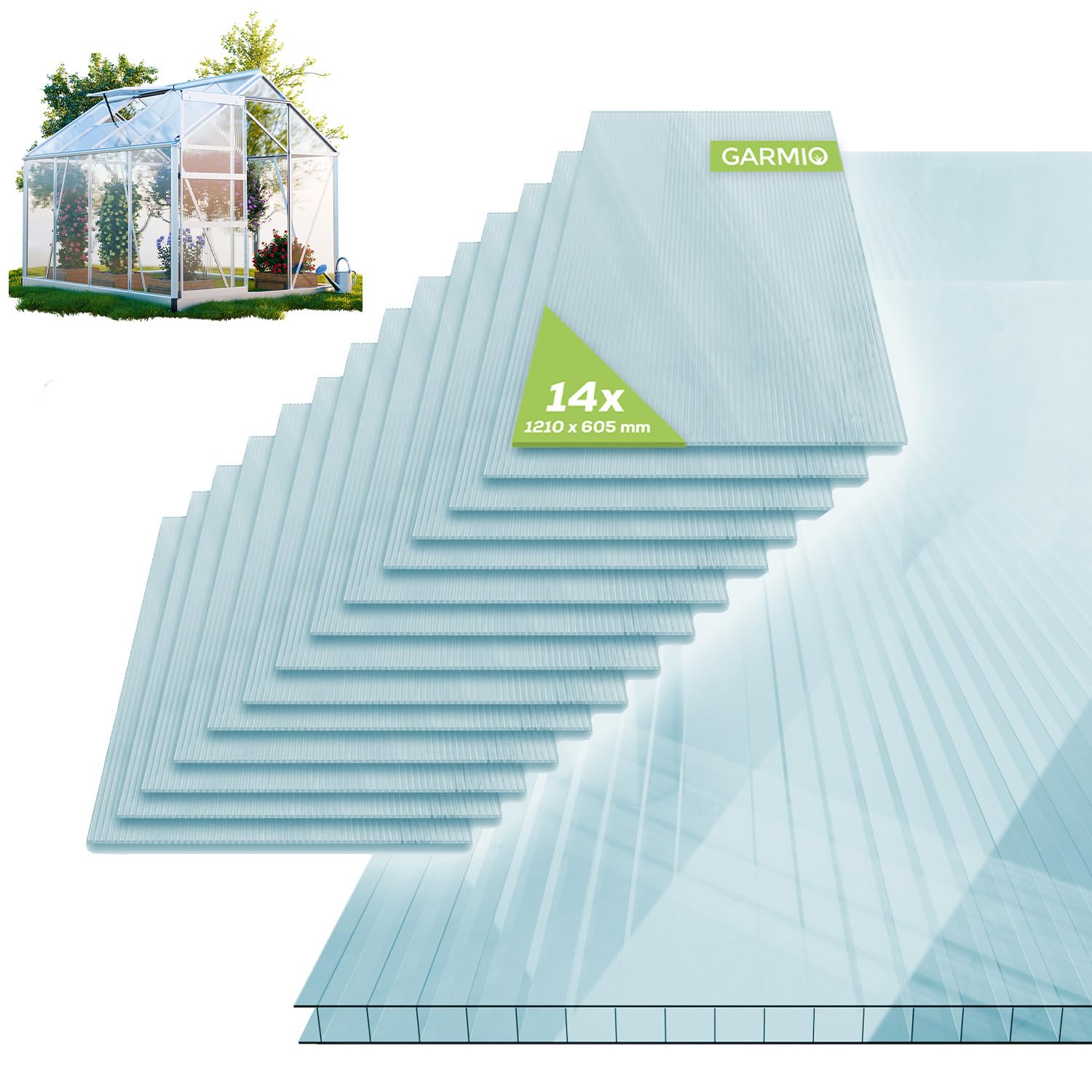 GARMIO® 14x ACRI Hohlkammerstegplatten Gewächshausplatten 4mm 10,25 m² Doppelstegplatte 121x60,5 cm, UV-beständig