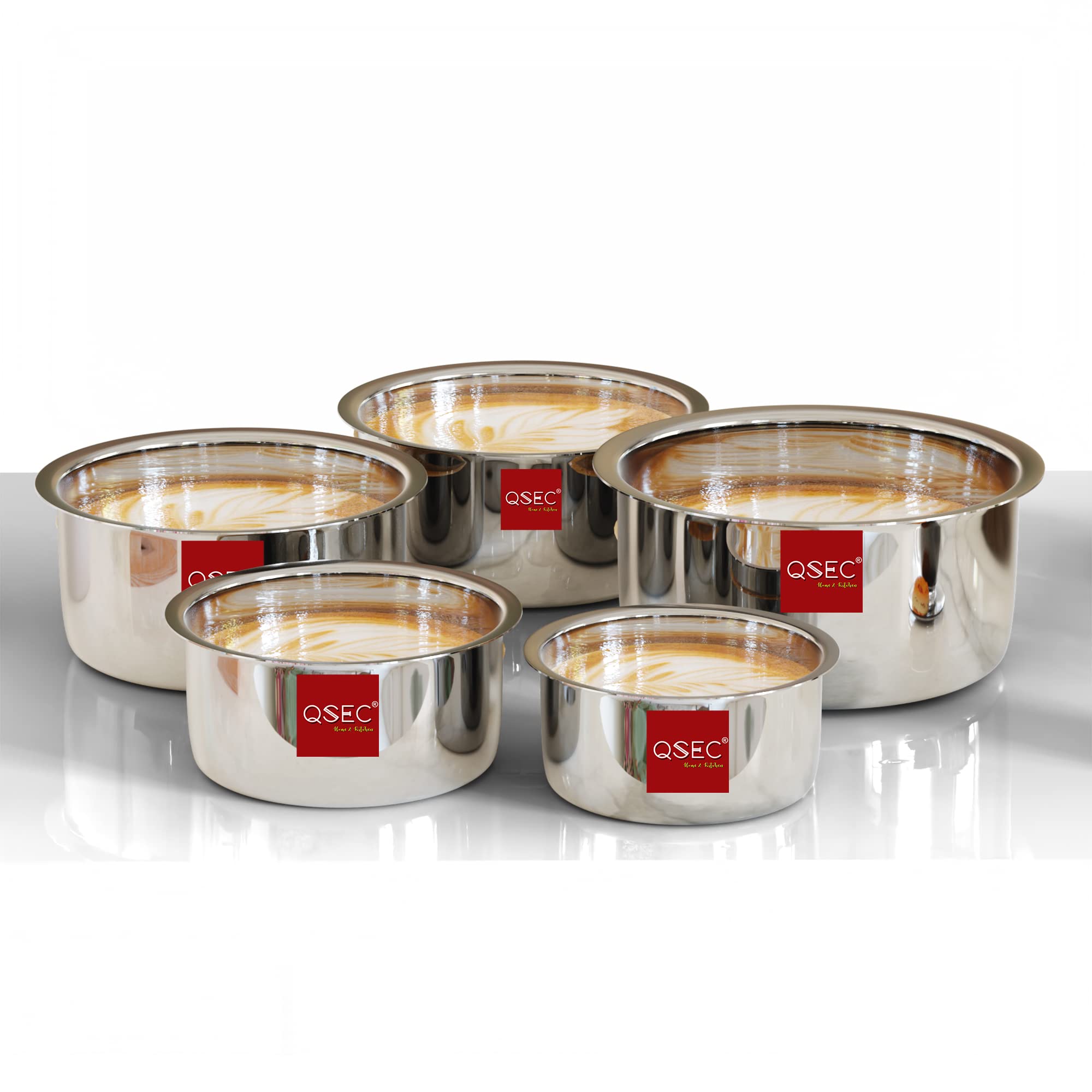 QSEC Stainless Steel tope Set - 5 Pieces Induction & Gas Compatible (Silver, 800ml, 1100ml, 1500ml, 2000ml, 2500ml) Patila Set of 5 Piece