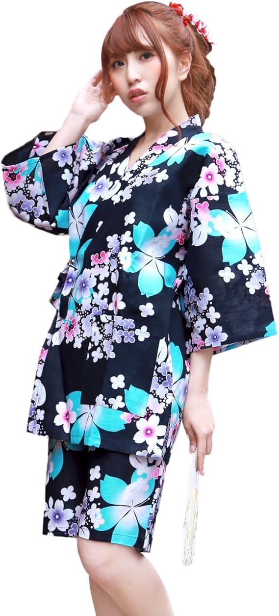 Amazon 甚平 レディース 紺地に青桜と紫陽花 M L 変わり織り女物甚平上下2点セット 紺 甚平 通販