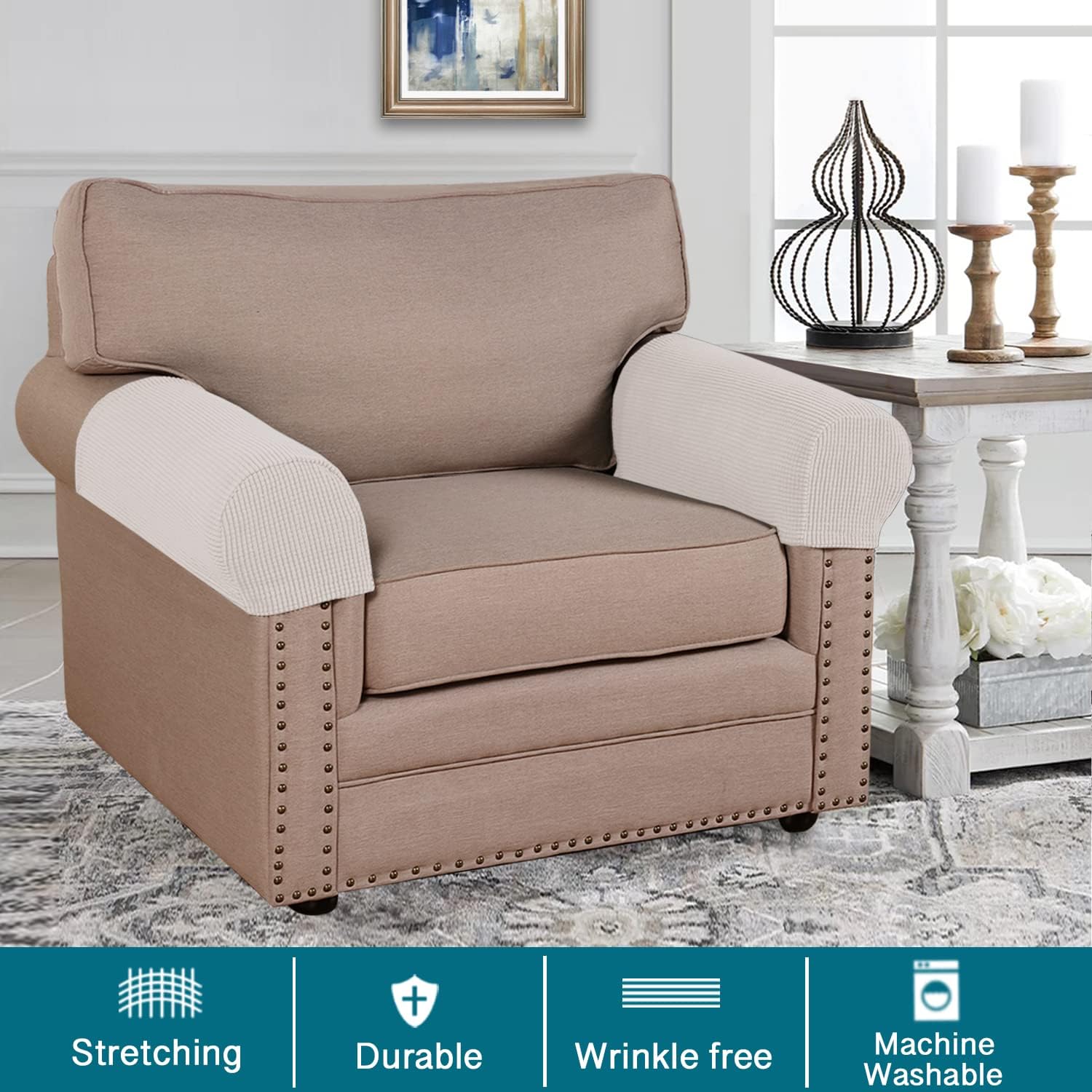 Turquoize Stretch Armrest Covers for Chairs and Sofas Couch Arm Covers for Sofa Spandex Jacquard Armrest Cover Anti-Slip Furniture Protector Armchair Slipcovers for Recliner Set of 4, Ivory White