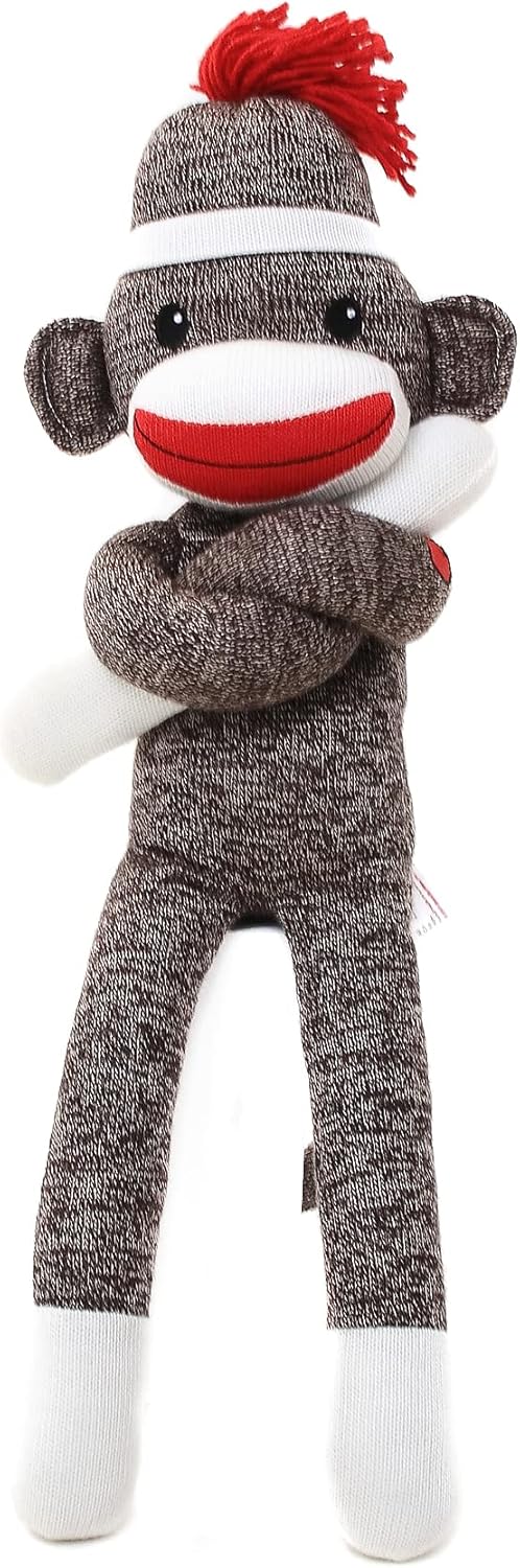 MadebyAliens Sock Monkey Stuffed Animal – 20” Cute Plush Doll with Pompom Hair and Heart Tattoo - Perfect Unisex Gift for Kids.