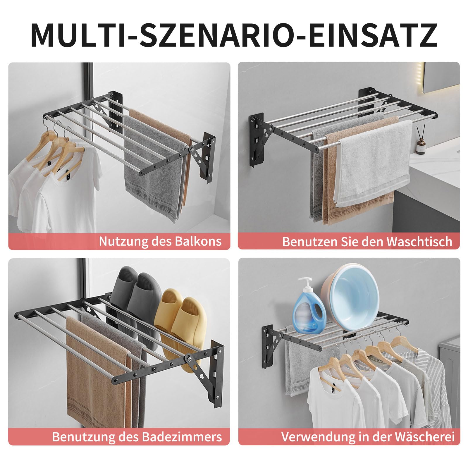 Asciugabiancheria da parete in acciaio inox, robusto e estensibile, per interni ed esterni (80 x 39,5 x 20 cm)