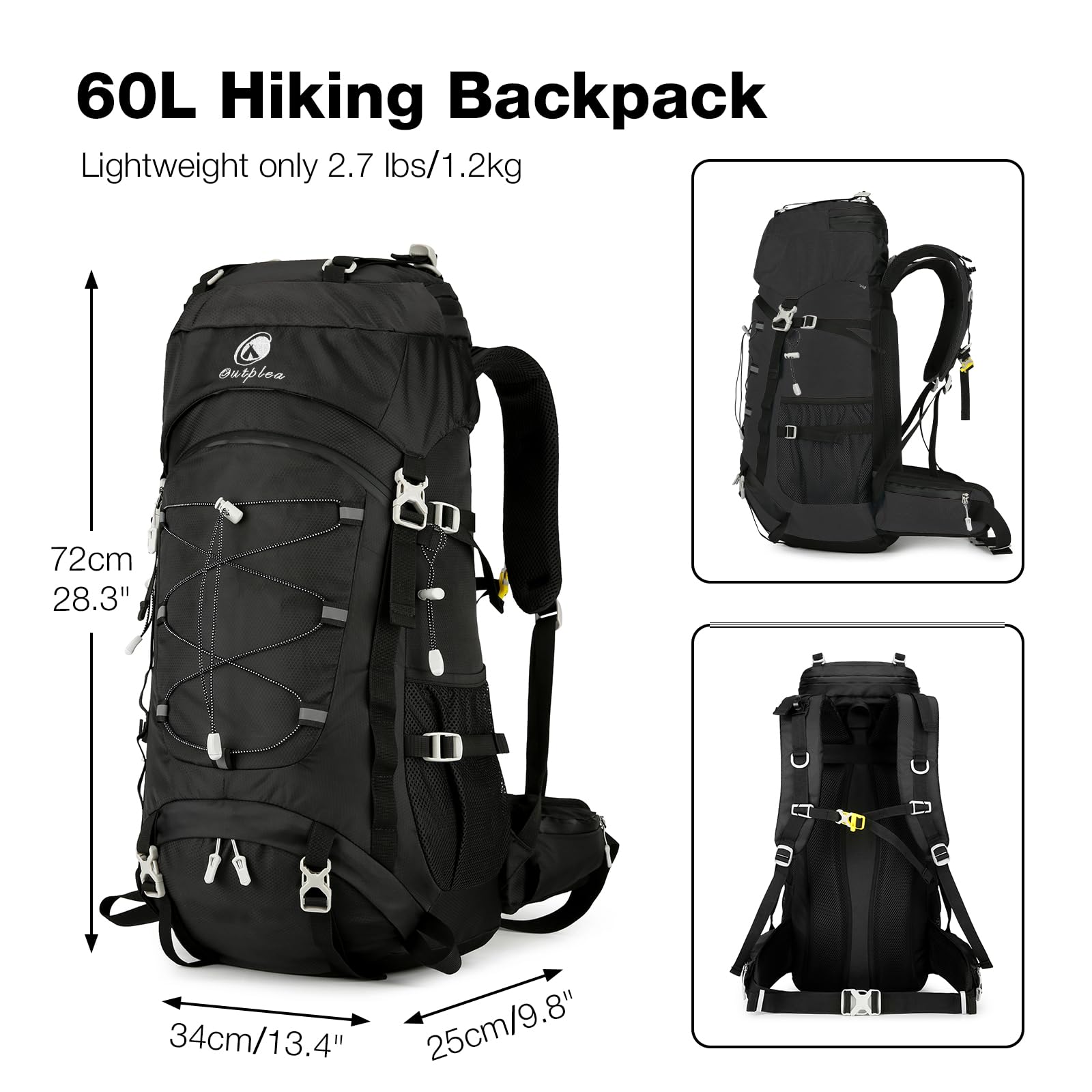 60L Wanderrucksack Herren Damen, Wasserdicht Bequem Trekkingrucksack mit Hüftgurt, Groß Backpacking Rucksack für Outdoor Camping Reise, Schwarz