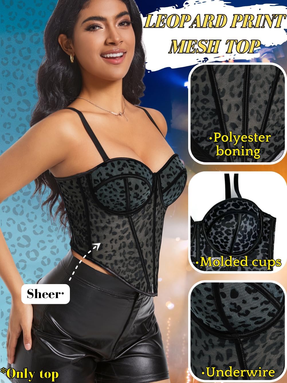 Cheetah Leopard Print Corset Tops For Women, Sexy Mesh Tank Top Crop, Concert Club Party Night Going Out - Image 2
