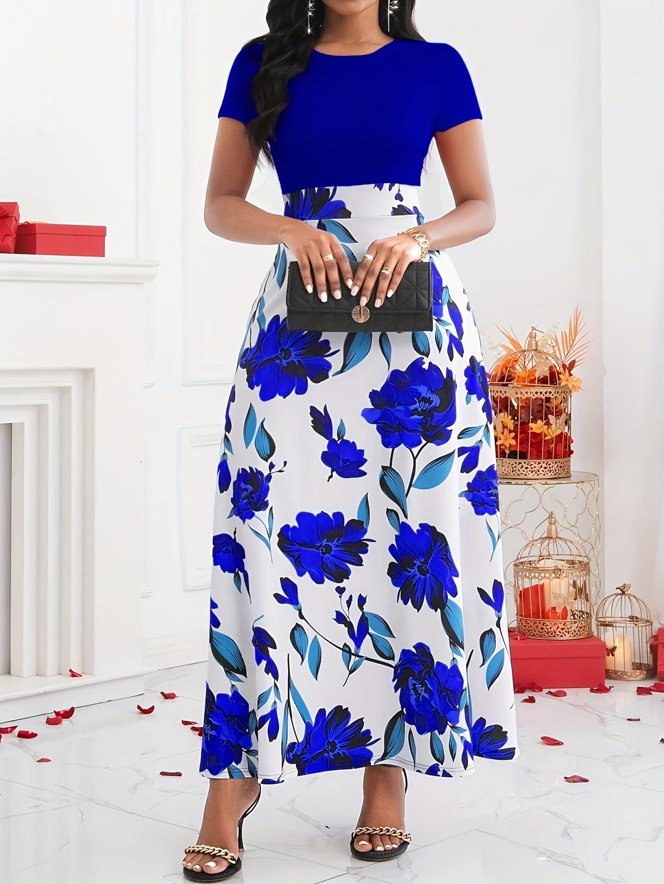 Plus Size Bohemian Floral Printed Short Sleeve T-Shirt Dress for Women, Spring/Summer Crew Neck A Line Midi Dress