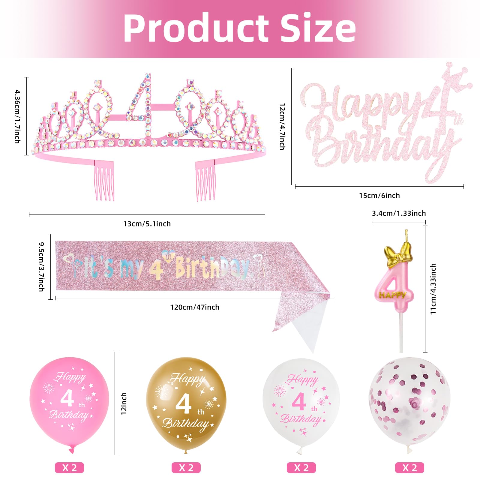 Geburtstagsdekoration Für Mädchen 7 Jahre - Set Mit Krone, Schärpe, Ballon & Kuchenaufsatz (Rosa)