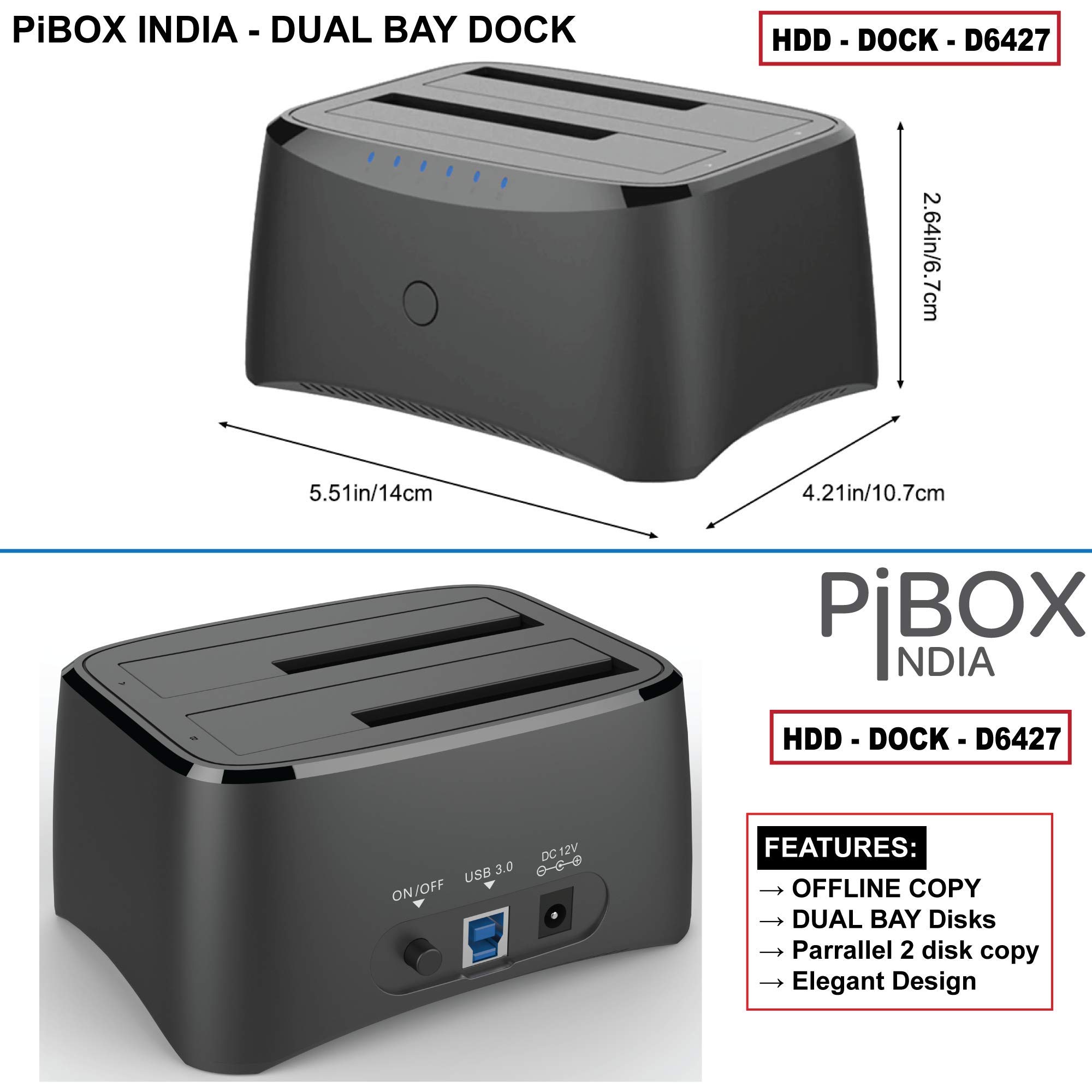 PiBOX India, Dual Bay USB 3.0 to SATA I, II, III Hard Drive Docking Station Upto 12TB for 2.5 or 3.5in HDD, SSD with Hard Drive Duplicator Offline Clone and Auto Sleep and UASP - Top-Loading Design — Amazon image 8
