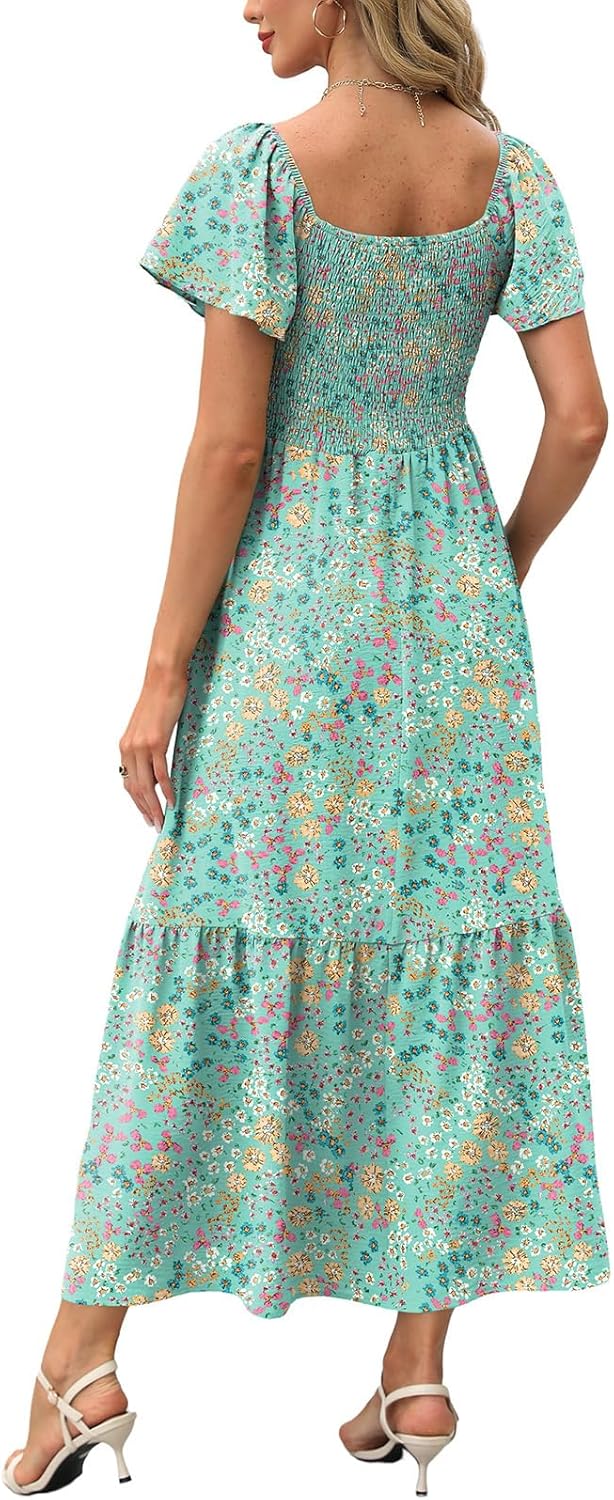 OFEEFAN Summer Dresses for Women Square Neck Ruffle Sleeve Smocked Maxi Dress with Pockets