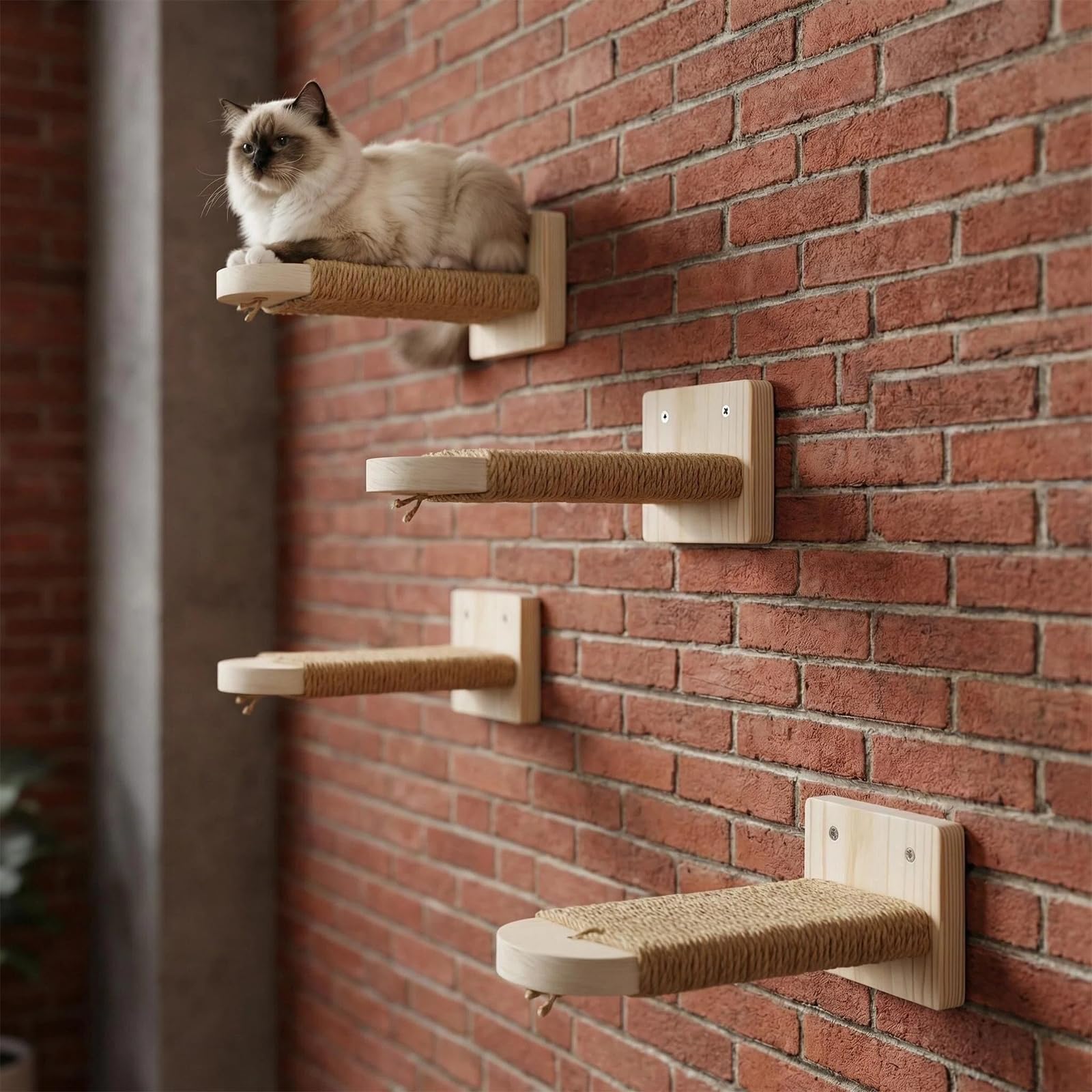 4 Stück Katzentreppe Wand: Holz Katzen Kletterwand aus Massives Gummiholz, Katzenleiter Set, Katzenwandstufen für Kletterspaß und entspannte Ruheplätze zu Hause, Stabile Wandliege bis 20 kg