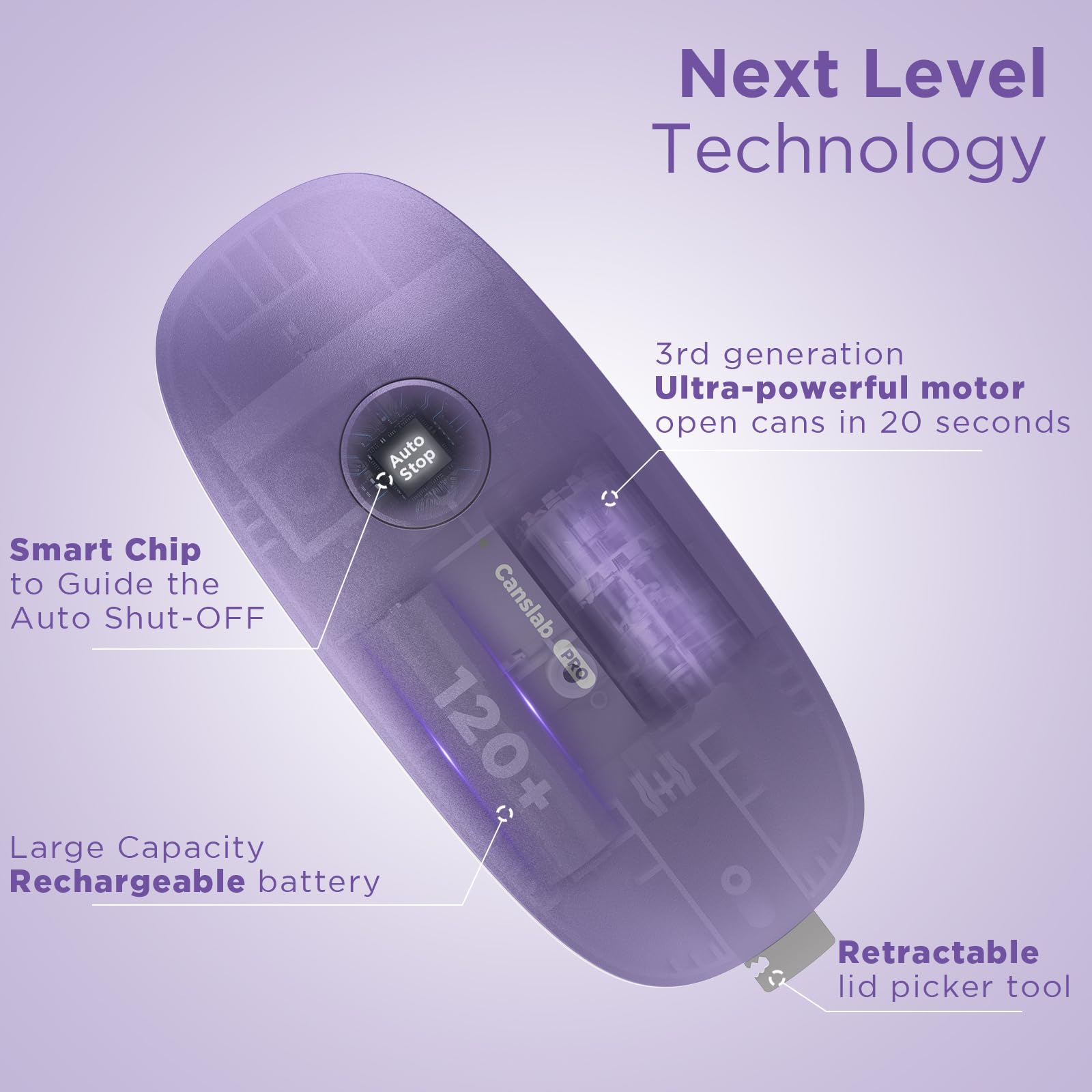 Canslab Ultrablade PRO Auto Stop Can Opener - Rechargeable Electric Can Opener for Kitchen for Seniors with Arthritis - One Touch Side Cut Opener, Smooth Edge, Lilac Product Image 3