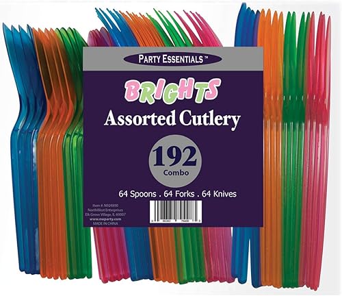 Miniatura 7 de Party Essentials Paquete combinado de cubiertos de plástico duro de alta resistencia, 144 piezas48 lugares, varios brillantes neón