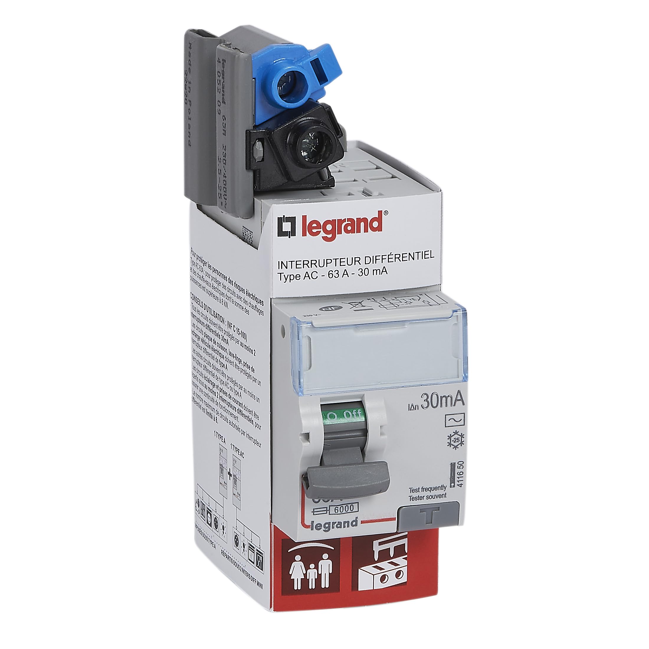 Interrupteur différentiel bipolaire 230V~ Type AC 63A sensibilité 30mA arrivée haute et sortie haute par bornes à vis - 2 modules accepte le passage du peigne d'alimentation
