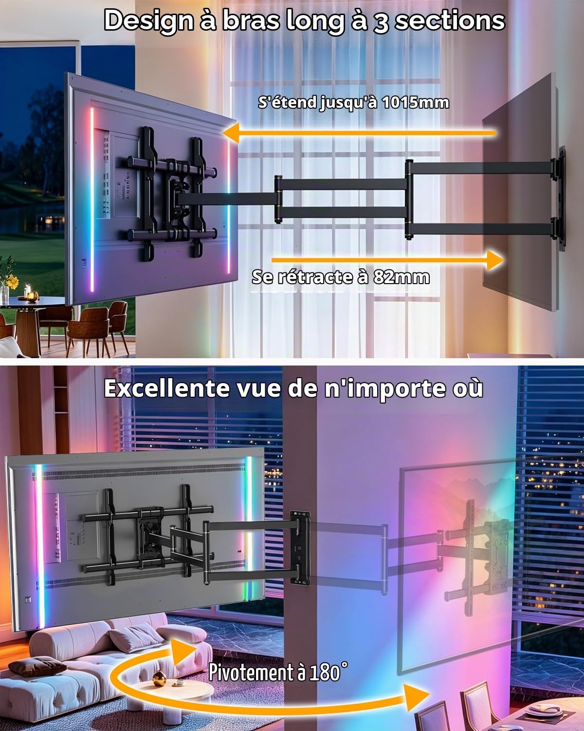 FORGING MOUNT Support Mural TV avec Lumières LED pour Télévision de 37 à 75 Pouces Jusqu'à 45kg, Support TV Mural à Longue Portée 1015mm Pivot Inclinaison et Rétroéclairage Musical, VESA Max 600x400mm