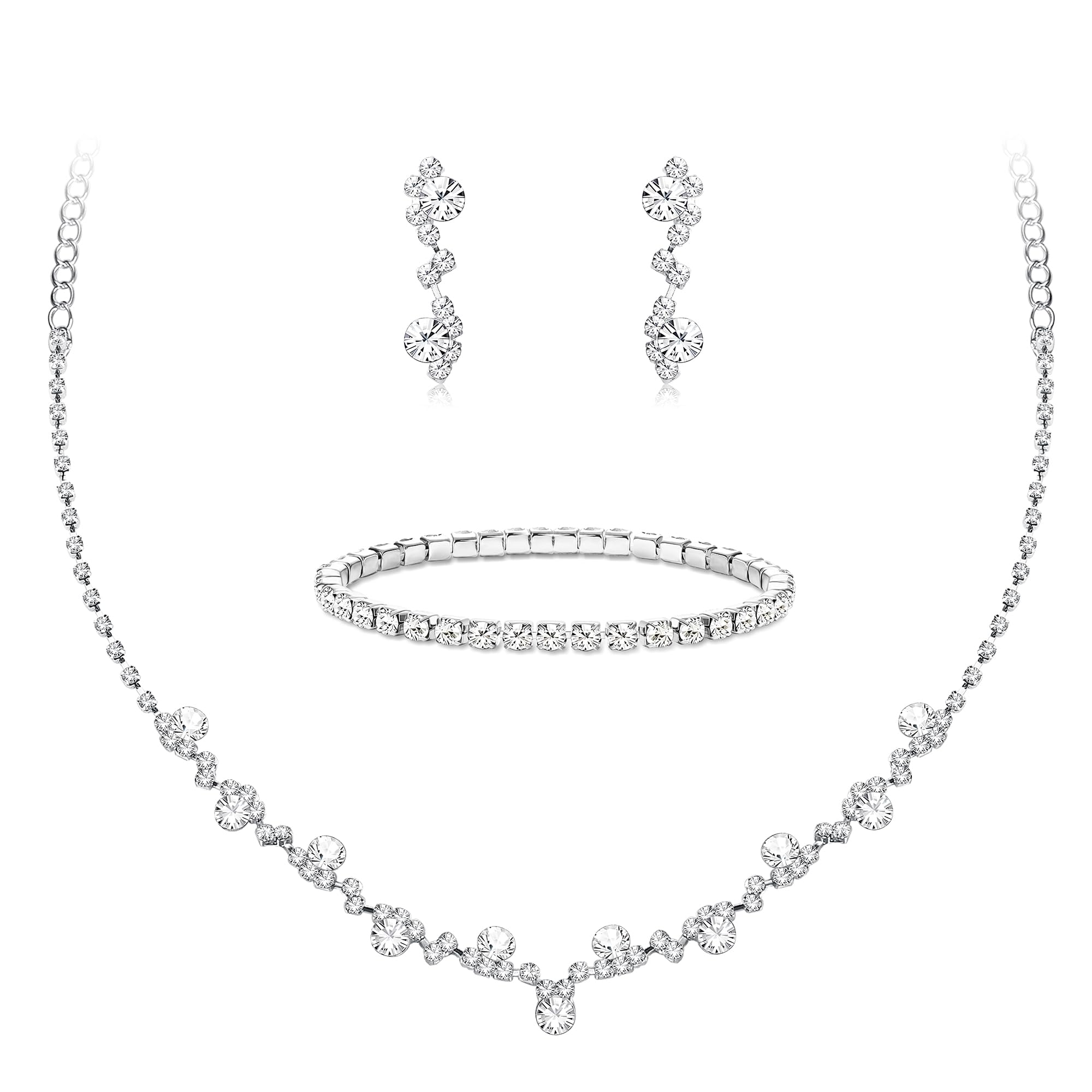 Morfetto Conjunto de Joyería Nupcial de Plata, Collar de Diamantes de Imitación, Pulsera, Pendientes Colgantes para Novia, Cristal, Boda, Graduación, Accesorios de Joyería para Mujer