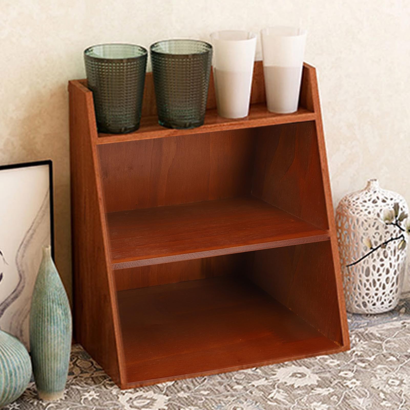 Drewniany Vintage Organizer na Biurko do Kosmetyków i Akcesoriów,