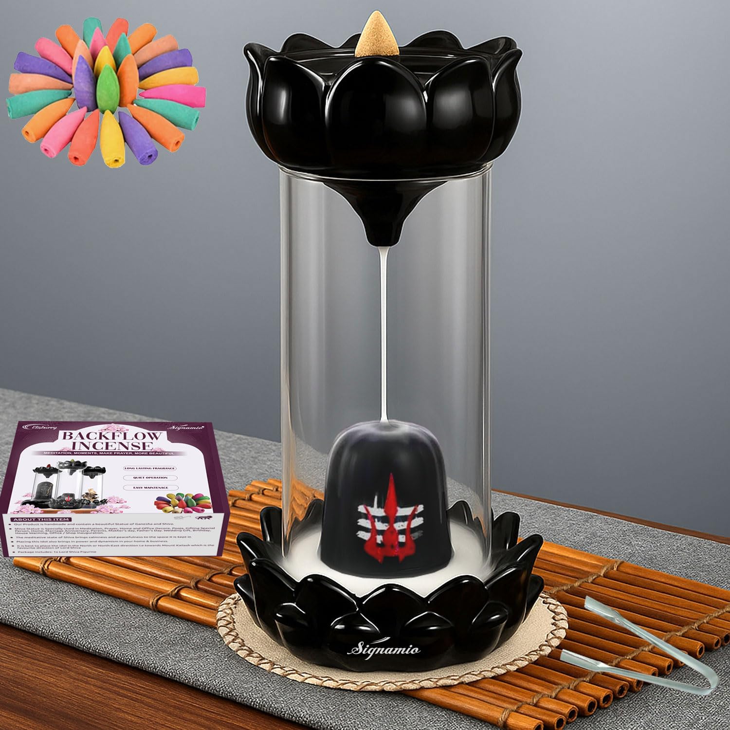 SIGNAMIO Upgraded Essence of Shiva Smoke Fountain Aromatic Fountain Lord Shiva Idol shivling Ceramic Incense Holder with 30 Backflow Incense Cones,Home Decor-1-Pcs/30 Cones-DN-2