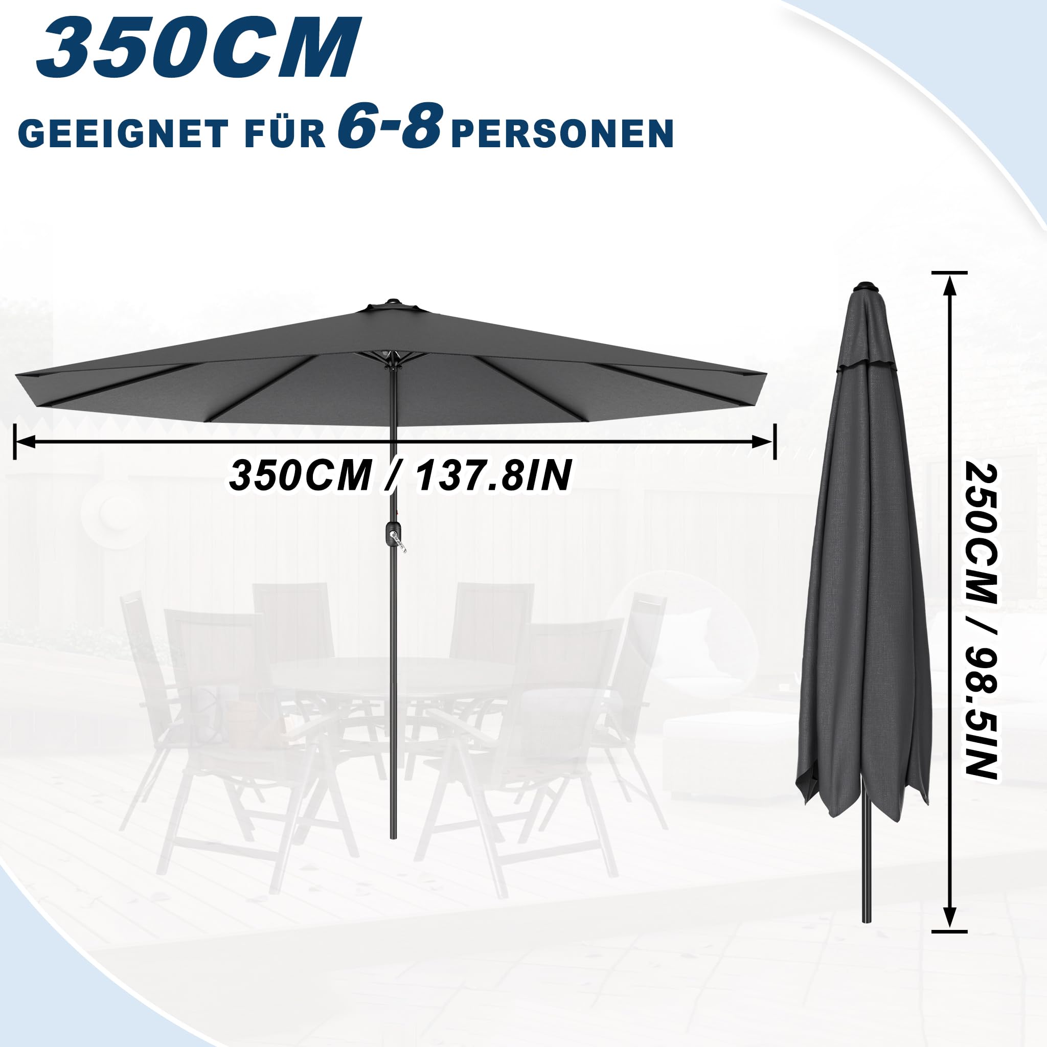 Froadp Ø3.5m Sombrilla de Jardín de Protección UV, Paragua de Playa Octogonal con Ø38mm Mango, Equipo Portátil de Sombreado para Exteriores para Balcón Terraza Piscina Patio (Gris Oscuro)