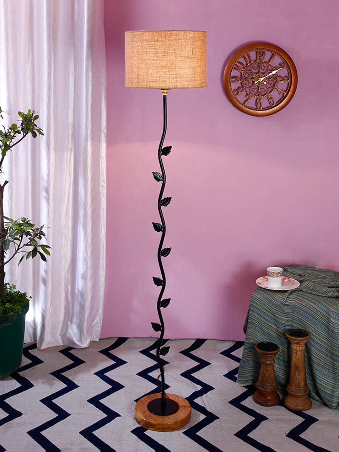 Beige Jute Drum Shade Leaf Floor Lamp with Wood Round Base -41-image-1