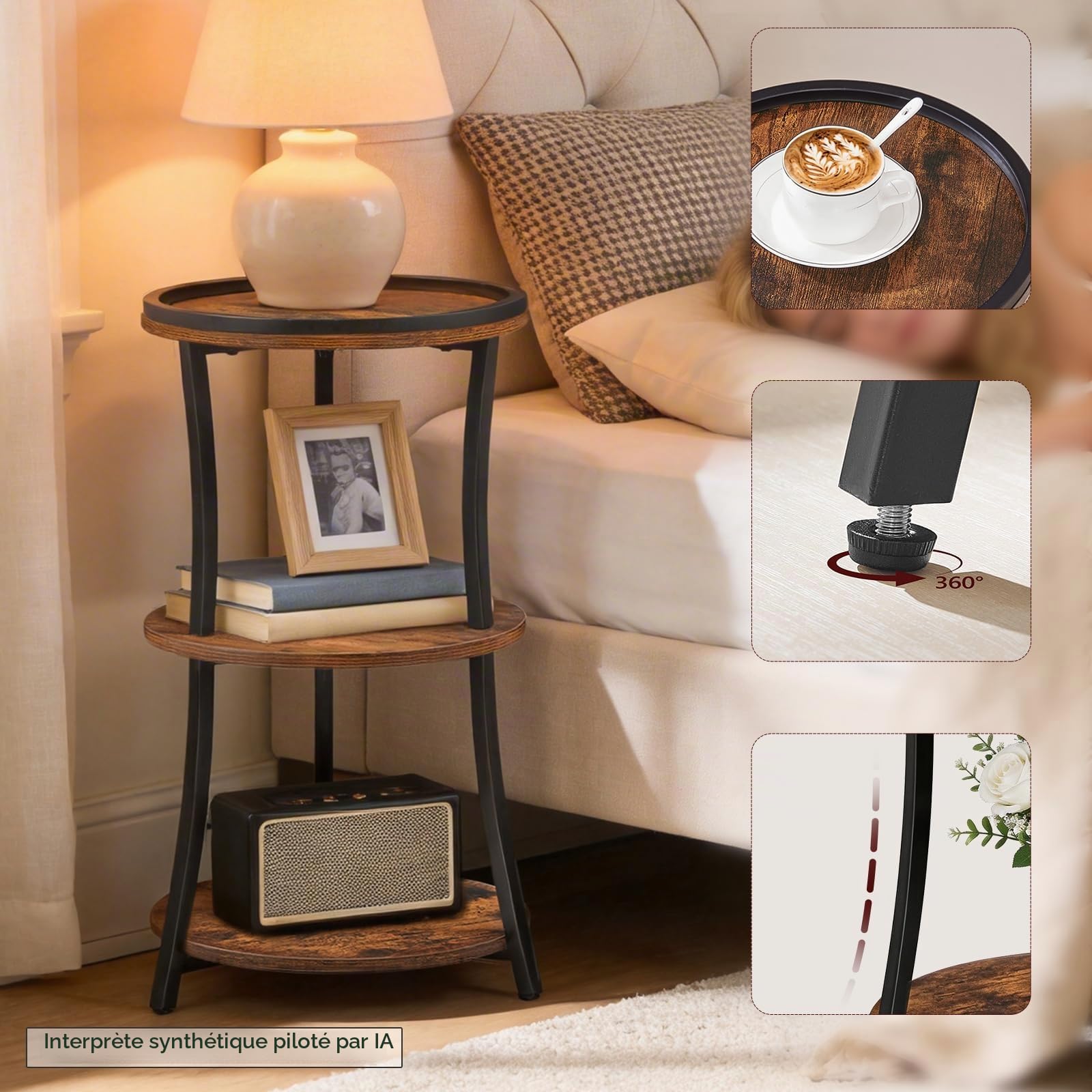 MAHANCRIS Table d’Appoint Ronde avec Bord Légèrement Surélevé, Table de Chevet à 3 Niveaux avec Rangement, Table de Style Industriel, pour Salon, Chambre, Marron Rustique et Noir AETHR3201