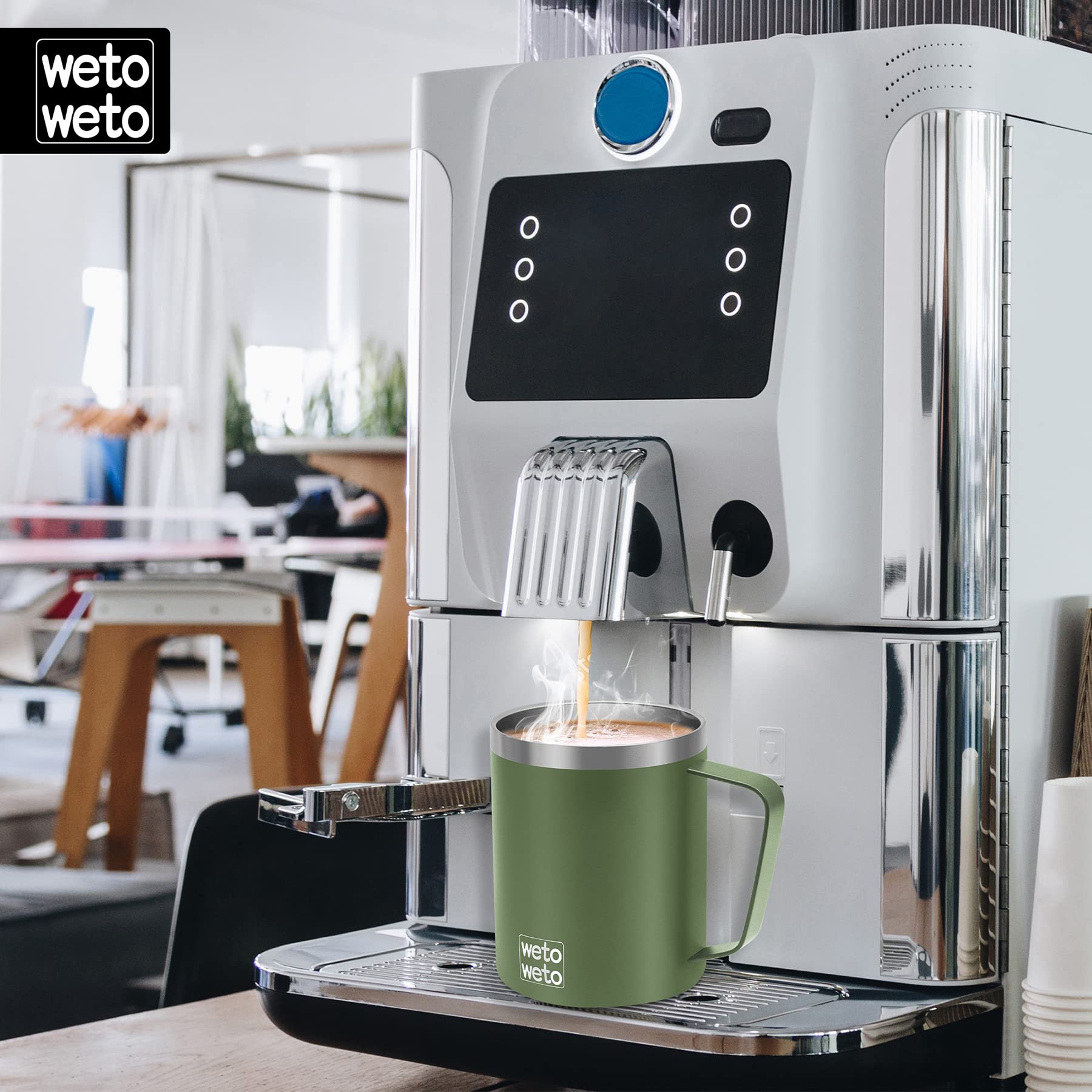 WETOWETO Taza de café con asa, taza de café reutilizable de acero inoxidable aislada de 14 onzas, taza de café de doble pared, taza de viaje de café recubierta de polvo, verde oliva