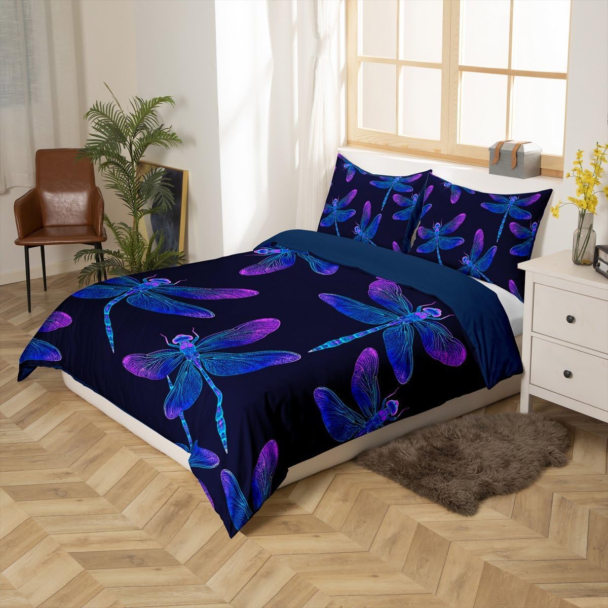 Erosebridal Teens Dragonfly Duvet Cover Set Full Size, Bohemian Chic Bedding Set for Kids Boys Girls Youth Bedroom, Fly Dragonflies Comforter Cover Boho Tribal Quilt Cover with 2 Pillow Cases, Blue