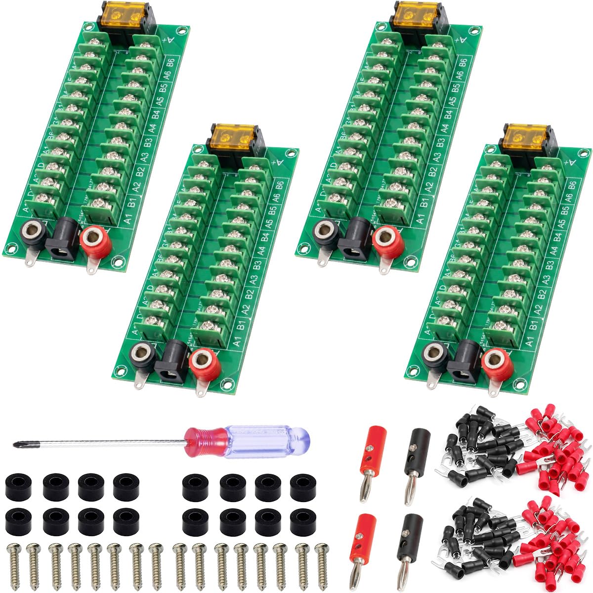 Youmile 4 pcs Power Distribution Board 2x12 Position Barrier Terminal Block Distribution Module 20A AC DC 3 Inputs with Banana Plug Red and Black Terminal Blocks Screwdriver Spacer