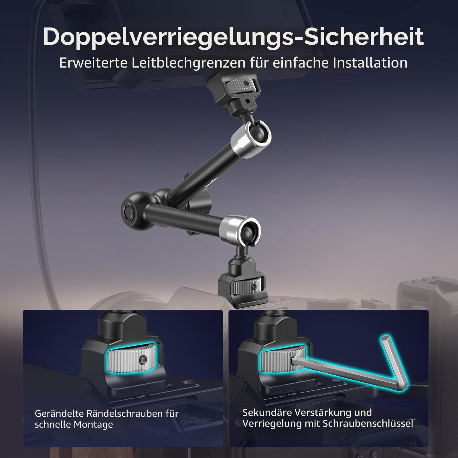 SMALLRIG 11'' Magic Arm mit 1/4"-20 Schrauben und Gefederten Stiften, 1,5kg Tragkraft, 360° Doppelkugelkopf, Rutschfestes Design für Kameras/Leuchten/Monitore/Mikrofone/Telefone – 5309