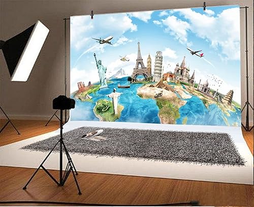 Miniatura 2 de Yeele Telón de fondo de viaje de globo de 10 x 8 pies, mapa de la tierra, continente mundial, famoso, paisaje, fotografía del hogar, fondo de